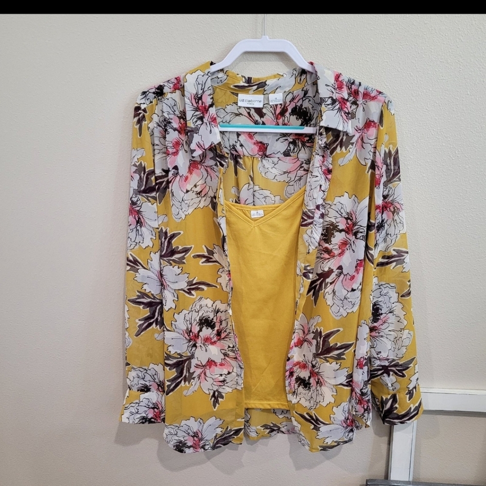 Liz Claiborne Womens SZ 1X Floral Sheer‎ blouse and Solid Cami Set